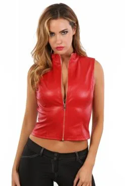 Gilet Rouge Col Montant Simili Cuir