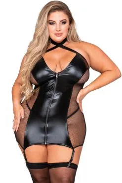 Guêpière Fetish Grande Taille Simili Cuir Et Fine Résille Noir Jarretelles