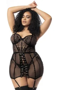 Guêpière Longue Grande Taille Résille Devant Laçage Corset Ajustable Et String -SexToys Soldes guepiere longue grande taille resille devant lacage corset ajustable et string 2
