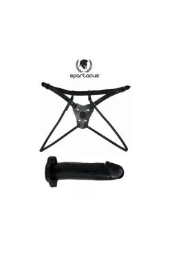 Harnais Cuir Double Et Gode Noir 17,5 Cm