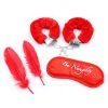 Kit Coquin 4 Pièces Menottes Plumes Masque Rouge