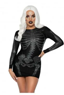Magnifique Robe Spandex Avec Effet Squelette En Strass Pour Halloween