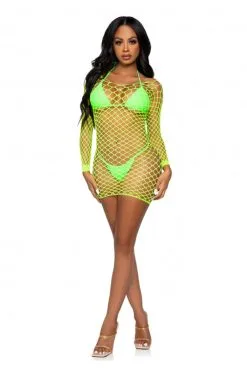 Mini-Robe A Manches Longues Vert Néon -SexToys Soldes mini robe a manches longues vert neon 4