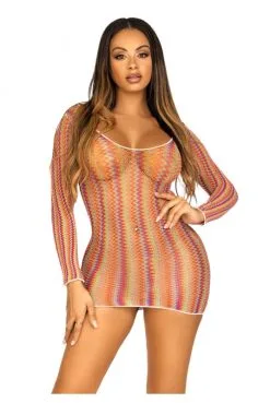 Mini Robe Arc En Ciel Manches Longues Résille Zig Zag -SexToys Soldes mini robe arc en ciel manches longues resille zig zag 2