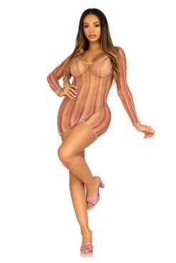 Mini Robe Arc En Ciel Manches Longues Résille Zig Zag -SexToys Soldes mini robe arc en ciel manches longues resille zig zag 3