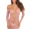Mini Robe Lingerie Maille Rose à Manches Longues