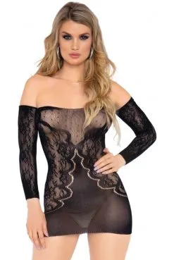 Mini Robe Lingerie Transparente Motif Dentelle Manches Longues