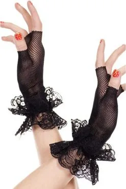 Mitaines Noires Fine Résille Et Volants Dentelle Florale