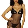 Nuisette Dentelle Et Résille Transparente Noire Chainette Dorée Amovible Et Jarretelles Et String