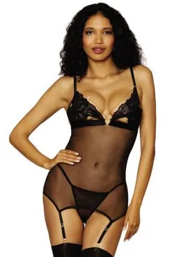 Nuisette Dentelle Et Résille Transparente Noire Chainette Dorée Amovible Et Jarretelles Et String