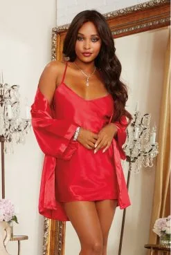 Nuisette Et Kimono Satin Rouge