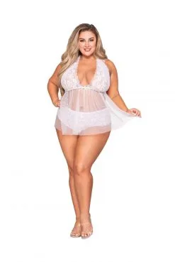Nuisette Grande Taille Blanche Babydoll Dentelle Et Résille Culotte String -SexToys Soldes nuisette grande taille blanche babydoll dentelle et resille culotte string 2