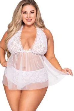 Nuisette Grande Taille Blanche Babydoll Dentelle Et Résille Culotte String