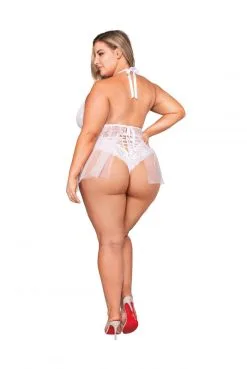 Nuisette Grande Taille Blanche Babydoll Dentelle Et Résille Culotte String -SexToys Soldes nuisette grande taille blanche babydoll dentelle et resille culotte string 3