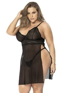Nuisette Grande Taille Cotés Ouverts Dentelle Et Résille Transparente Noire -SexToys Soldes nuisette grande taille cotes ouverts dentelle et resille transparente noire 2