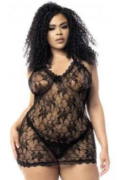 Nuisette Grande Taille Dentelle Florale Noire Dos Nu Et String Assorti -SexToys Soldes nuisette grande taille dentelle florale noire dos nu et string assorti 2