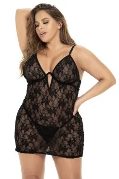 Nuisette Grande Taille Dentelle Motif Fleuri String Assorti -SexToys Soldes nuisette grande taille dentelle motif fleuri string assorti 2