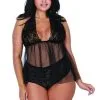 Nuisette Grande Taille Noire Babydoll Dentelle Et Résille Culotte String