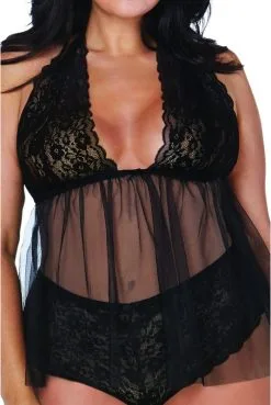 Nuisette Grande Taille Noire Babydoll Dentelle Et Résille Culotte String -SexToys Soldes nuisette grande taille noire babydoll dentelle et resille culotte string 2