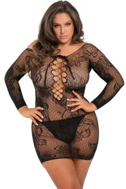 Nuisette Robe Lingerie Grande Taille Fine Résille Manches Longues