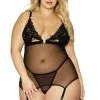 Nuisette Sexy Grande Taille En Dentelle Et Résille Noire Chainette Dorée Amovible à Jarretelles Et String