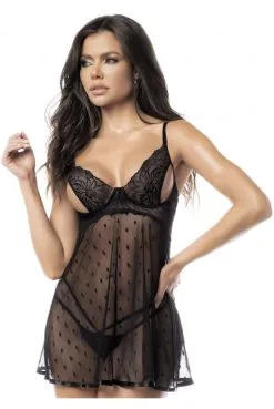 Nuisette Transparente Noire Résille à Pois Et String Assorti -SexToys Soldes nuisette transparente noire resille a pois et string assorti 2