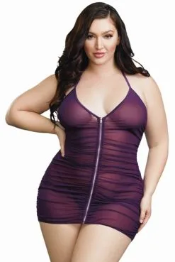 Nuisette Violette Grande Taille Froncée Total Zip -SexToys Soldes nuisette violette grande taille froncee total zip 2