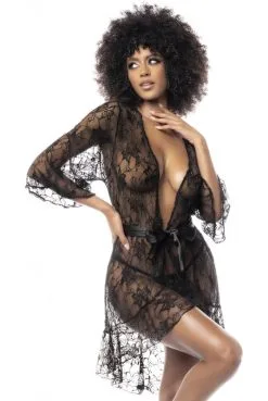 Peignoir Déshabillé Court Dentelle Noire Transparente Et String Assorti -SexToys Soldes peignoir deshabille court dentelle noire transparente et string assorti 2