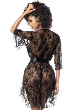 Peignoir Déshabillé Court Dentelle Noire Transparente Et String Assorti -SexToys Soldes peignoir deshabille court dentelle noire transparente et string assorti 3