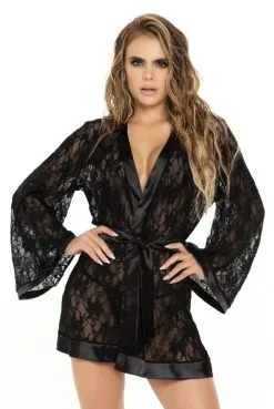 Peignoir Sexy Dentelle Motif Fleur Noir -SexToys Soldes peignoir sexy dentelle motif fleur noir 2