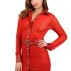 Robe Chemisier Rouge Micro Résille Simili Cuir