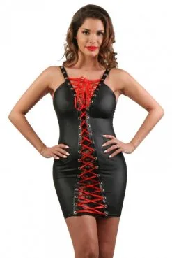 Robe Fetish Wetlook Noir Lacée Satin Rouge