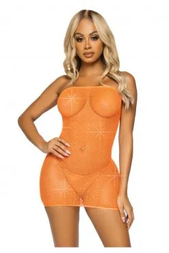 Robe Jupe Sexy 3 En 1 Résille Strass Cristal Orange