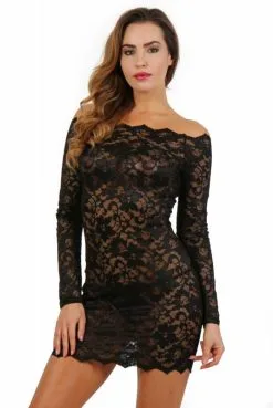 Robe Lingerie Dentelle Noire Manches Longues Spazm