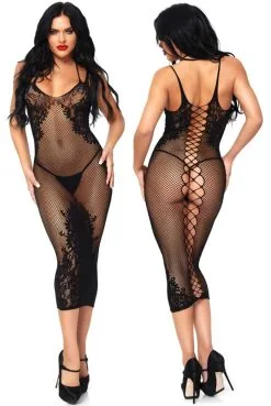 Robe Lingerie Longue Résille Dentelle Dos Croisé