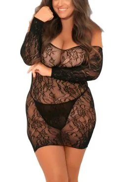 Robe Lingerie Noire Grande Taille Fine Résille Épaules Nues -SexToys Soldes robe lingerie noire grande taille fine resille epaules nues 2