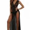 Robe Longue Micro Résille Dentelle Noire Ultra Fendue