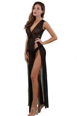 Robe Longue Micro Résille Dentelle Noire Ultra Fendue -SexToys Soldes robe longue micro resille dentelle noire ultra fendue 2