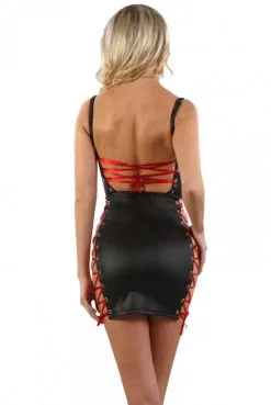 Robe Lycra Noire Laçage Rouge Cotés Et Dos Décolleté -SexToys Soldes robe lycra noire lacage rouge cotes et dos decollete 2