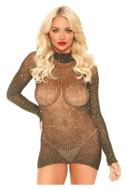 Robe Résille Lurex Or Manches Longues