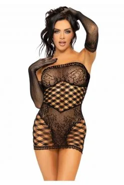 Robe Tube Sexy Noire Et Gants Longs Assortis