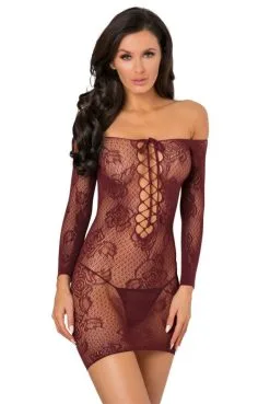 Robes Lingerie Bordeaux Fine Résille Manches 3/4 -SexToys Soldes robes lingerie bordeaux fine resille manches 3 4 2